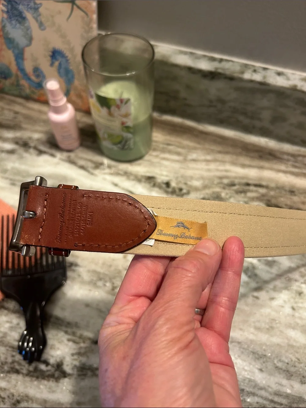Tommy Bahama Brown and Cream Leather Belt with Contrast Inlay